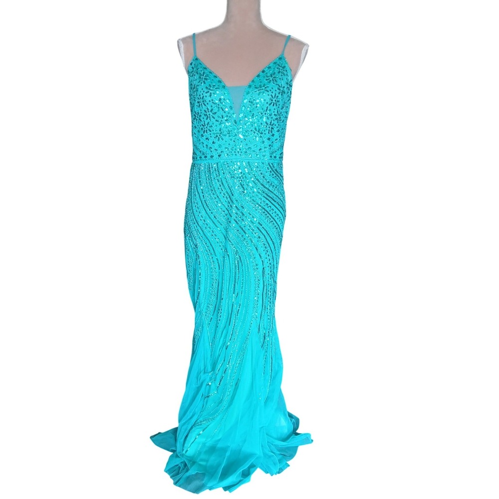Lulus XL Green Sequin Mermaid Formal Gown V-Neck Prom Dress Hoco M- READ